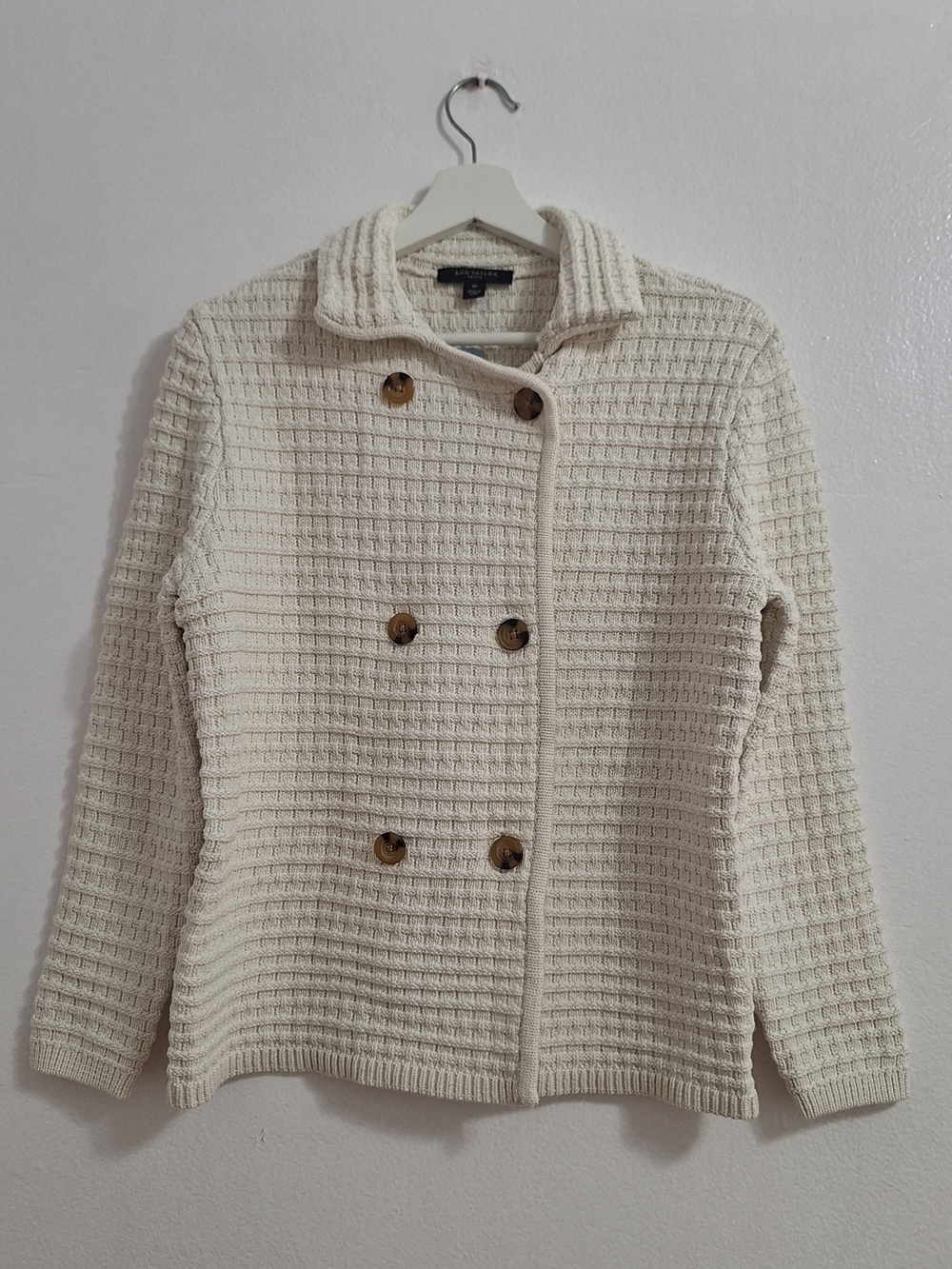 NWT Ann Taylor Cream Waffle-Knit Double-Breasted Cardigan